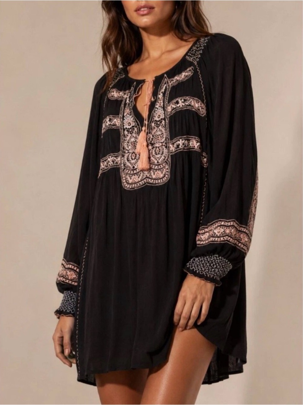Free People Wind Willow Mini Dress In Black Embroidered Small Tunic Dress